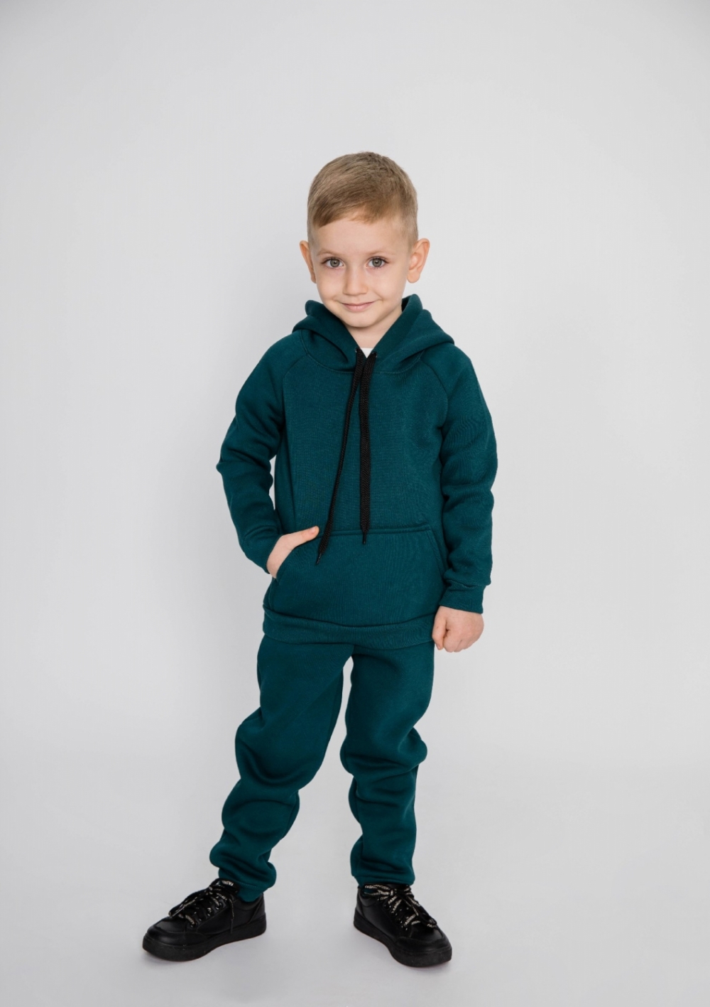 296-И. Свитшот с капюшоном + Штаны, хлопок 65%, 35% ПЭ, 3-х нитка (начес) изумрудный 98,104,110,116