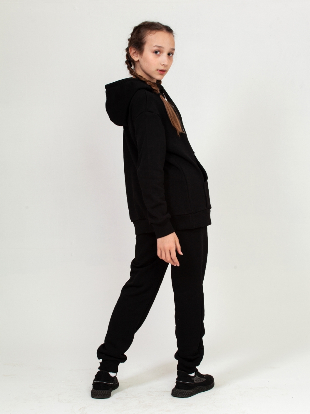 311-Ч. Свитшот с капюшоном + Штаны, хлопок 65%, 35% ПЭ, 3-х нитка ( без начеса) черный 146,152,158