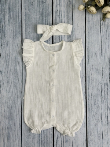 Купить оптом 341-МО. Песочник с повязкой для девочки из муслина, хлопок 100%, р 62,68,74,80 молочный в Абакане